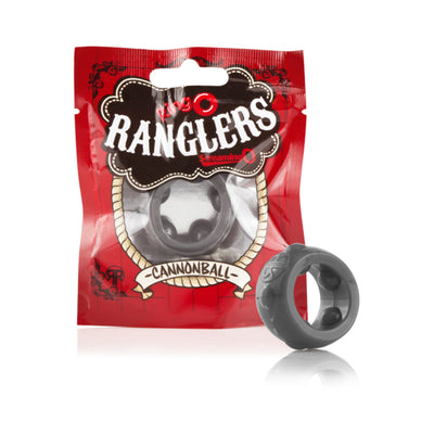 Black Screaming O Ringo Ranglers Cannonball stretchy silicone ring with packaging on white background