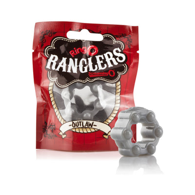 Screaming O RingO Ranglers Outlaw flexible gray silicone ring with raised nodules next to red and black packaging.