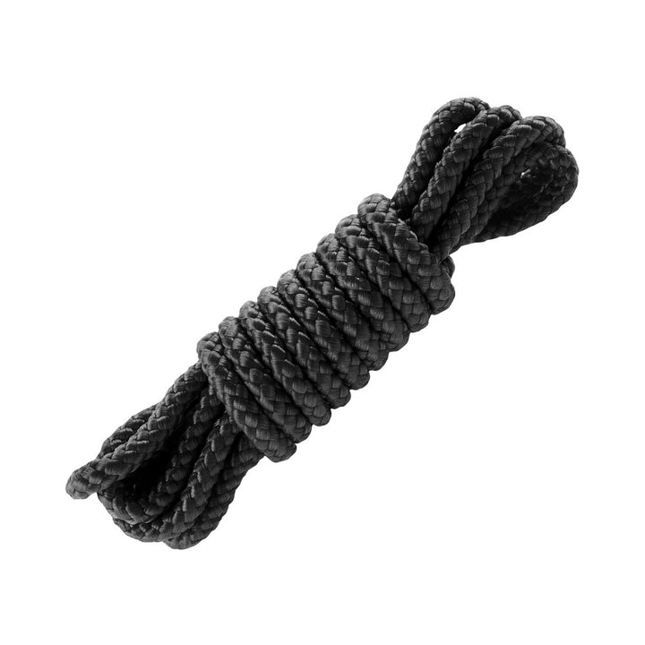 Coiled black mini silk rope with a smooth, braided texture for Japanese-style bondage play.