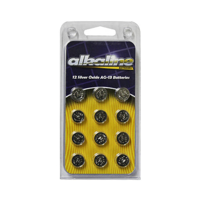 Pack of 12 silver oxide AG13 alkaline button cell batteries in blister packaging with yellow and purple background.