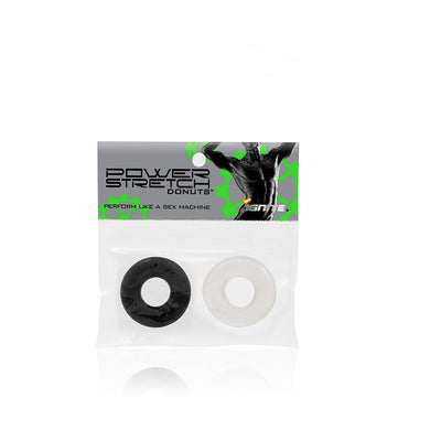Power Stretch Donuts 2 pack in black and clear, packaged with branded label featuring muscular figure and green gear design.
