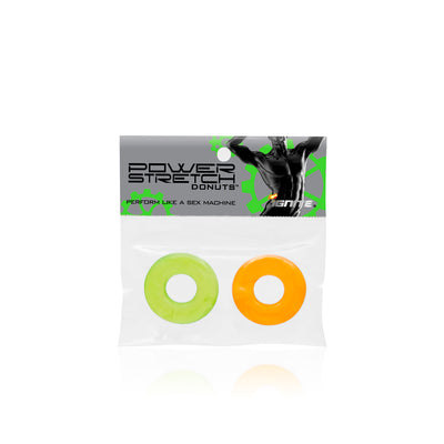 Two-pack of Power Stretch Donuts in green and orange TPE material in clear resealable packaging with branded label.