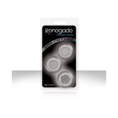 Pack of three clear, super stretchable Renegade Intensity Rings in black and white retail packaging.