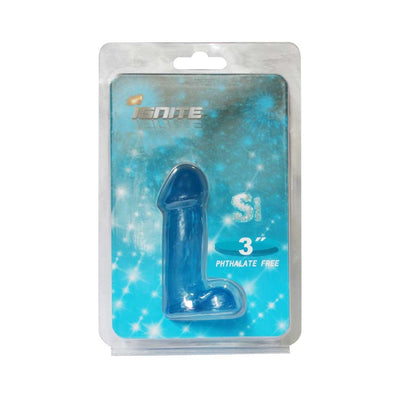 Blue 3-inch silicone pocket-sized adult toy with textured balls in clear retail packaging.