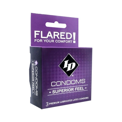 Purple box of ID Superior Feel flared premium lubricated latex condoms, pack of three.