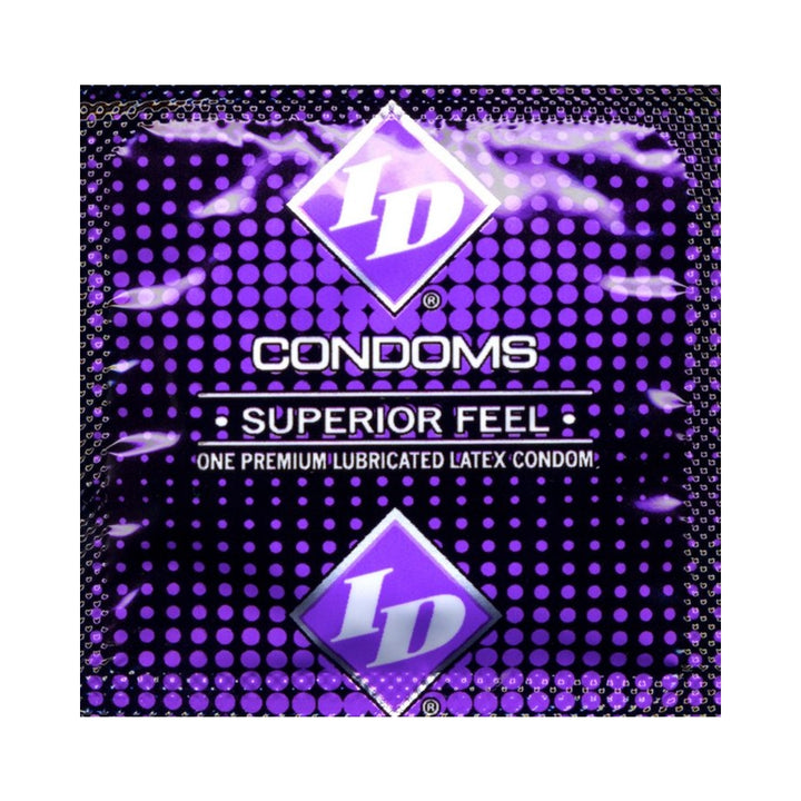 Purple and black ID Superior Feel condom wrapper with logo and product details visible.