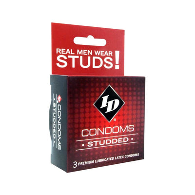ID Studded Condom 3 pack box with red and black design, featuring premium lubricated latex condoms.