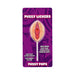 Strawberry-flavored novelty lollipop shaped like a stylized vulva on purple packaging with playful text.