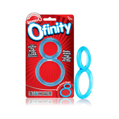 Blue double-loop stretchy cock ring displayed next to its red and white Screaming O Ofinity packaging.