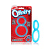 Blue double-loop stretchy cock ring displayed next to its red and white Screaming O Ofinity packaging.