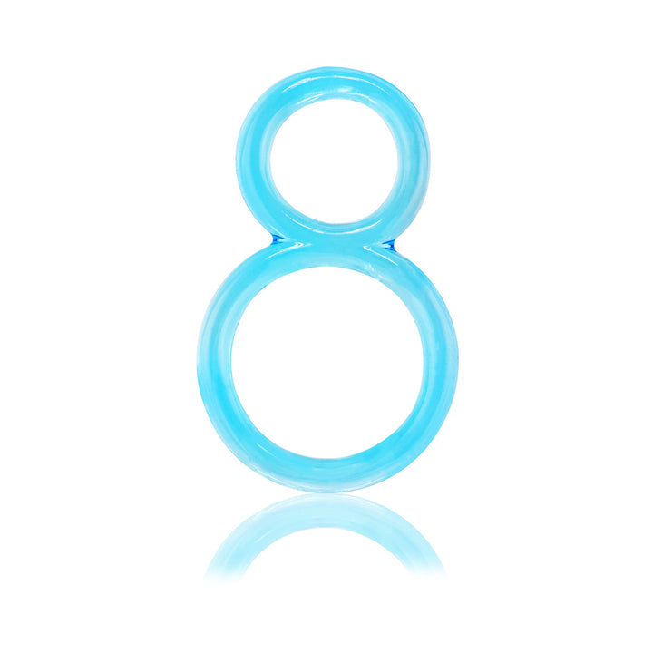 Blue figure-eight shaped flexible double ring for enhanced male pleasure and support.