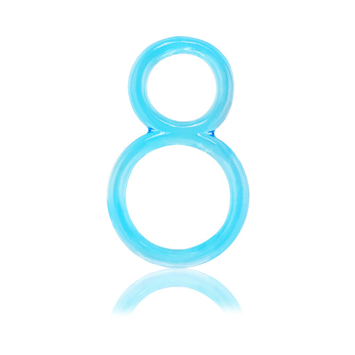 Blue figure-eight shaped flexible double ring for enhanced male pleasure and support.