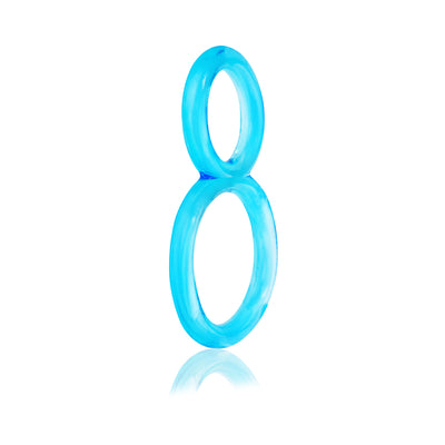Blue double-loop stretchy silicone cock ring with a figure-eight design on a white background.
