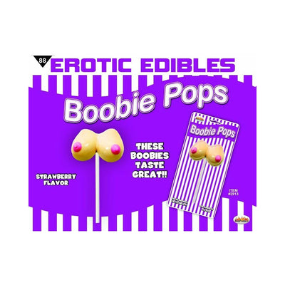 Strawberry-flavored Boobie Pops lollipop with playful packaging on a purple and white striped background.