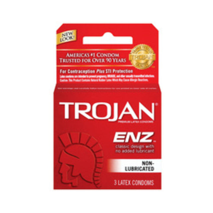 Red box of Trojan Enz non-lubricated latex condoms with classic design, containing three condoms.