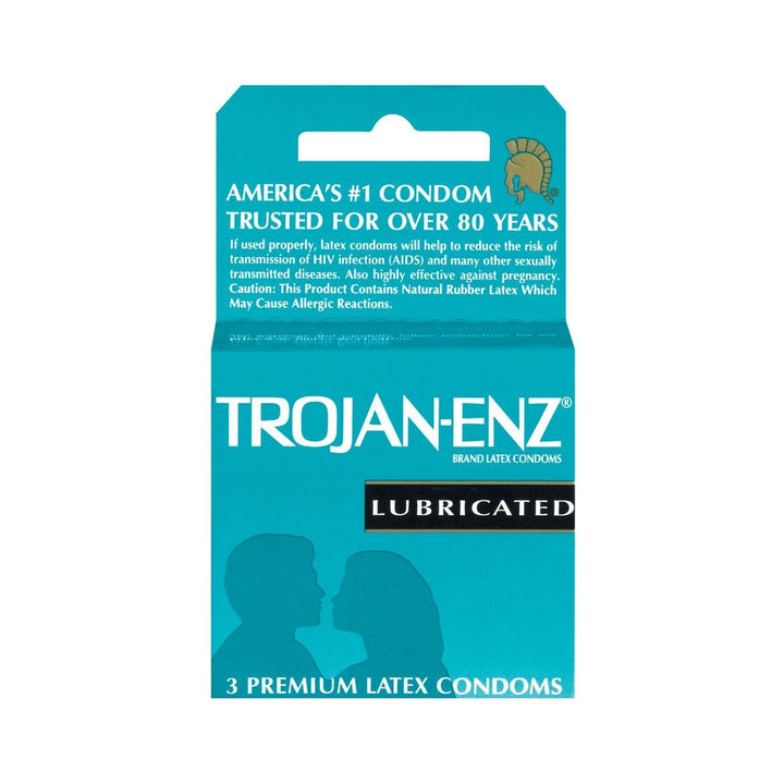 Trojan ENZ Lubricated Condoms 3 pack in teal box with silhouette of couple and product information text