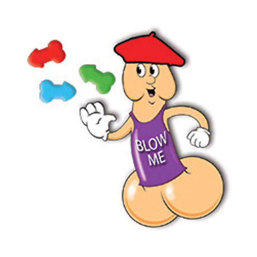 Cartoon character shaped like a playful gum piece wearing a red beret and purple shirt with "BLOW ME" text, tossing colorful gum pieces.