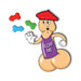 Cartoon character shaped like a playful gum piece wearing a red beret and purple shirt with "BLOW ME" text, tossing colorful gum pieces.