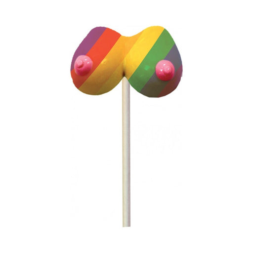 Rainbow striped lollipop shaped like a playful pair of breasts with pink nipple details on a white stick.