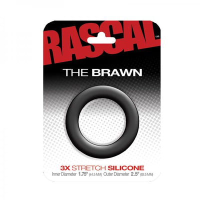 Black silicone cock ring with 3X stretch, displayed in Rascal The Brawn branded packaging.