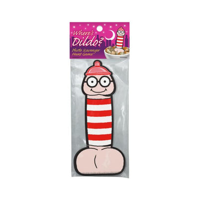 Packaged novelty red and white striped cartoon character for the Where's Dildo? photo scavenger hunt game.