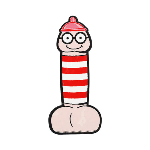 Cartoon-style inflatable toy shaped like a character with glasses and a red and white striped body.
