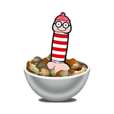 Cartoon-style novelty figure wearing glasses and a red striped hat, standing in a bowl of mixed nuts.
