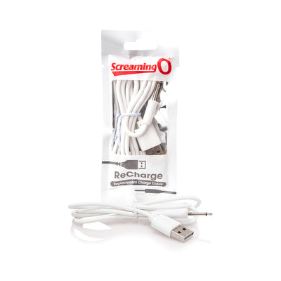 Screaming O ReCharge white USB charging cable with 3.5mm plug in clear retail packaging on white background.