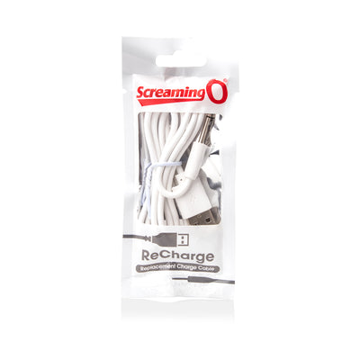 Screaming O ReCharge white USB charging cable in clear branded packaging for rechargeable devices