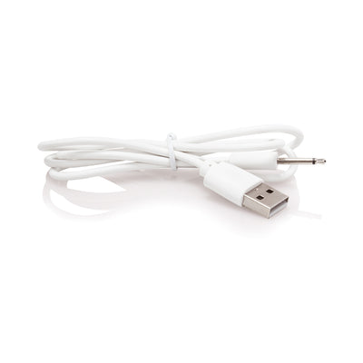 White USB charging cable with 3.5mm connector for Screaming O rechargeable devices on a white background.