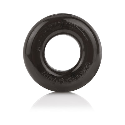 Black durable SEBS cock ring with smooth finish and embossed branding, designed for comfort and performance.