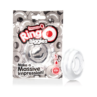 Clear Screaming O RingO Biggies Colossal Cock Ring with packaging featuring bold branding and product benefits.