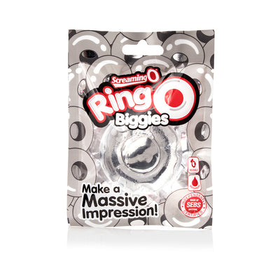 Screaming O RingO Biggies Colossal Cock Ring in clear packaging with product visible and bold branding on front.