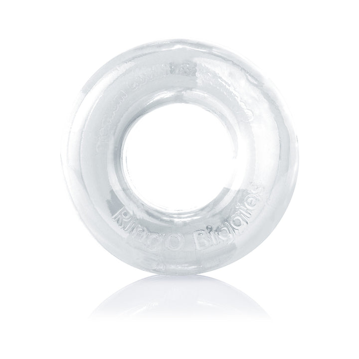 Clear translucent flexible ring with embossed branding, designed for intimate use and enhanced performance.