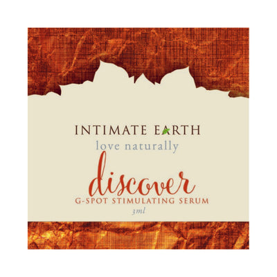 Intimate Earth Discover G-Spot Stimulating Serum 3ml sample foil packet with natural, earthy design accents