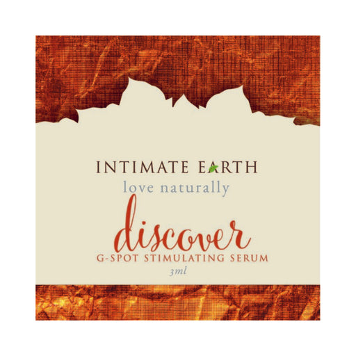 Intimate Earth Discover G-Spot Stimulating Serum 3ml sample foil packet with natural, earthy design accents