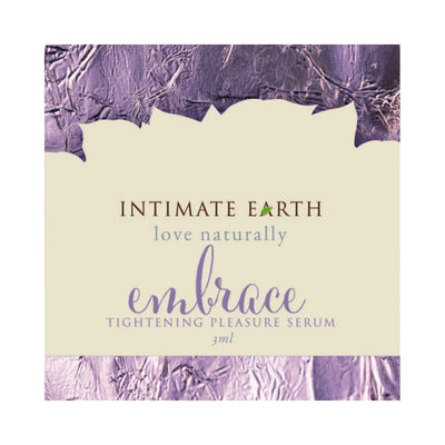 Foil packet of Embrace Tightening Pleasure Serum 3ml by Intimate Earth with purple and cream design
