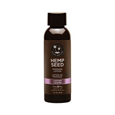 2 oz bottle of Earthly Body Hemp Seed Massage Lotion in lavender scent with dark brown label and black cap
