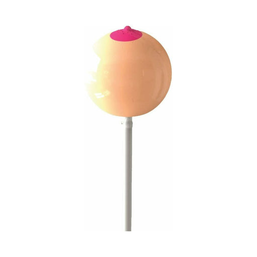 Strawberry-flavored novelty lollipop shaped like a small breast with a bite taken out of it on a white stick.