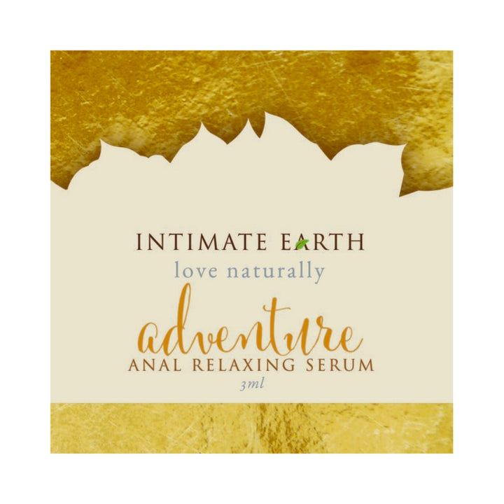 Intimate Earth Adventure Anal Relaxing Serum 3ml foil packet with natural gold and cream design