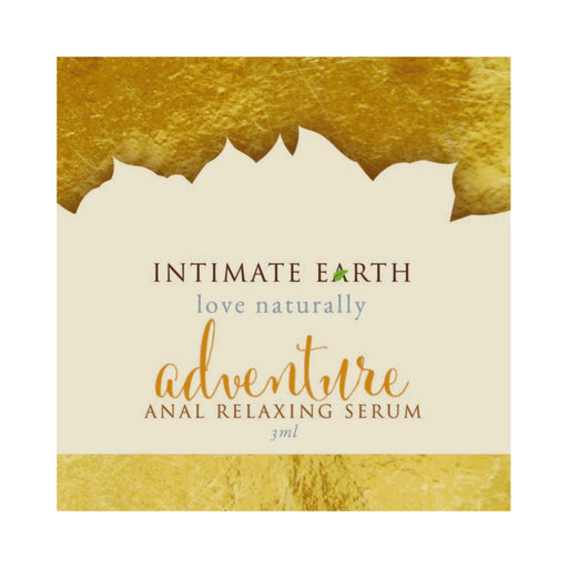 Intimate Earth Adventure Anal Relaxing Serum 3ml foil packet with natural gold and cream design