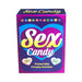 Box of Sex Candy printed hearts with playful foreplay activity messages on a purple and pink sparkly background.