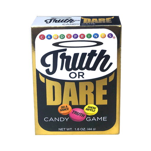 Truth or Dare Candy Game box with colorful candy pieces labeled with playful challenges and truths, 1.6 oz packaging.
