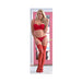 Woman wearing Magic Silk Valentina red lace bralette and thong set with matching thigh-high stockings and heels.