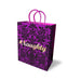 Purple 10-inch gift bag with black velvet fleur-de-lis pattern and gold foil #Naughty text, featuring pink woven handles.