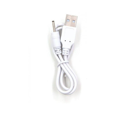 White USB charger replacement cord for Vedo Group A vibrators with standard USB and round connector ends.