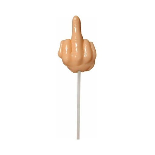 Butterscotch flavored novelty lollipop shaped like a hand with an extended middle finger on a white stick.