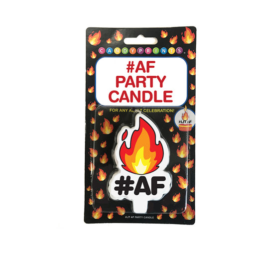 #AF party candle with fire emoji design in black packaging decorated with flames by Candyprints