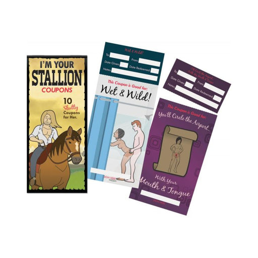 I'm Your Stallion coupon set featuring 10 playful and seductive coupons with illustrated adult-themed designs.