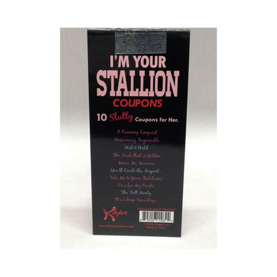 I'm Your Stallion adult coupon set with 10 playful and seductive coupons for her pleasure in a black and pink box.